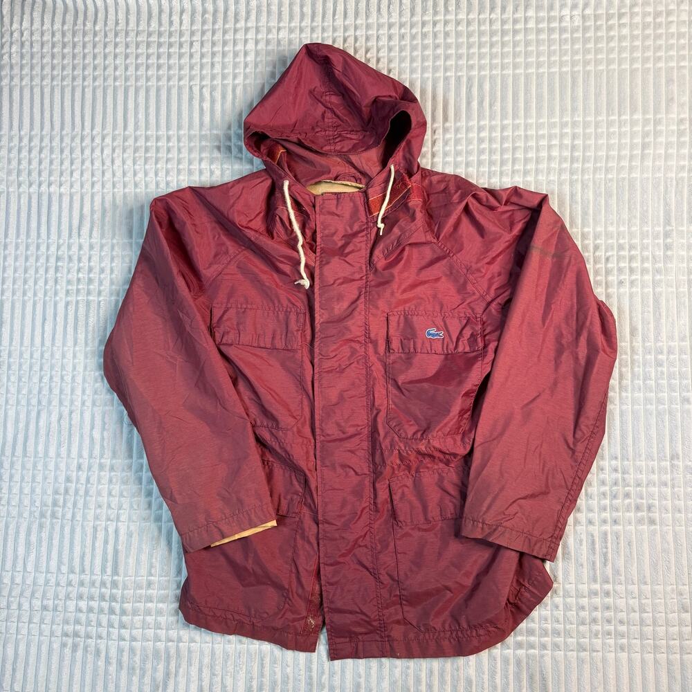 Vintage Izod Lacoste Nylon Windbreaker Jacket Maroon Red Hooded Mens M 21x30